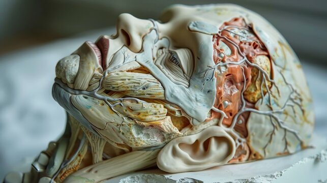 close-up of a human head with the skin removed, revealing the muscles and blood vessels.
