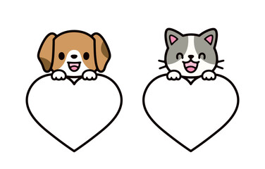 illustration set of a cute dog and cat holding a heart-shaped frame