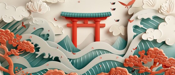 Template for Japanese cards. Drum, wave, bamboo, door, flower elements.