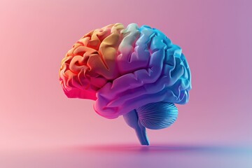 Vibrant 3D Illustration of the Human Brain on a Pink and Blue Background with Dynamic Lighting