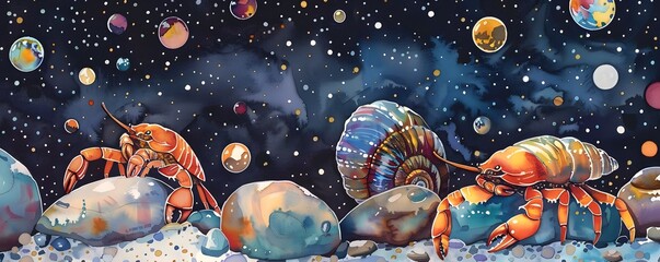 Celestial Hermit Crabs Scurry Across Cosmic Moonscape in Watercolor Painting - obrazy, fototapety, plakaty