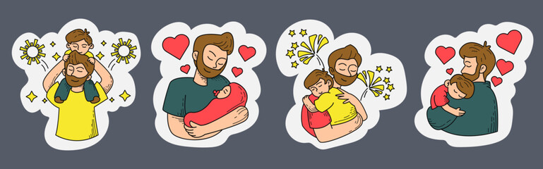 Set of Sticker Daddy Character Illustrations. Cartoon and Handdrawn Style Father's Day