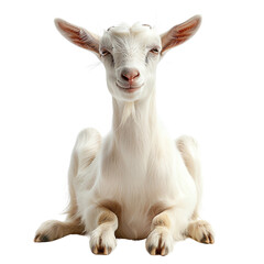 Fototapeta premium A cute white goat is sitting on the ground and looking at the camera