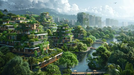 Obraz premium a lush green city of the future with skyscrapers covered in vegetation and a river running through the middle.