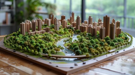 Fototapeta premium a miniature model of a city. The model is made of wood and painted in realistic colors. The model is surrounded by trees and other greenery.