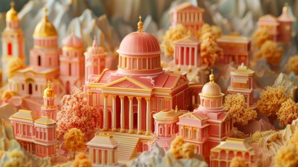 Obraz premium a beautiful city made of pink marble. The city is surrounded by mountains and has a river running through it. The image is very detailed and realistic.