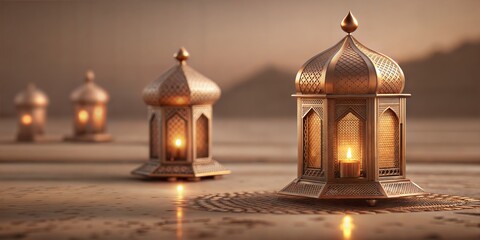 Traditional islamic lanterns emit a warm glow on a serene evening, symbolizing the holy months of ramadan and eid celebrations, including the feast of sacrifice, eid aladha