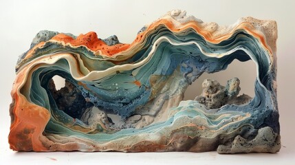abstract painting. It has a rough texture and is painted in shades of blue, green, and orange. The painting is reminiscent of a coral reef or a rock formation.