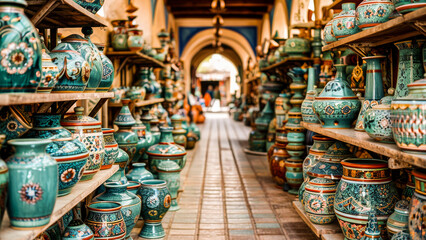 Fototapeta premium A vibrant display of traditional handcrafted pottery and ceramics in a local market, showcasing intricate designs and colorful patterns.
