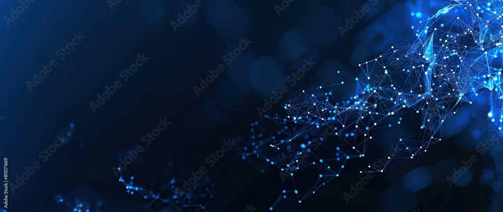 Poster Digital communication and technology network background with particles and plexus connected lines.