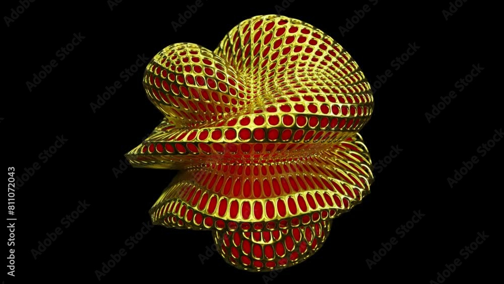Poster realistic looping 3d animation of the abstract morphing red plastic form in a golden grille armor re