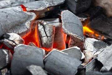 Details of charcoal for barbecue at picnic, burning coals