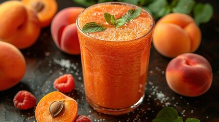   A close-up of a glass filled with colorful peaches and red raspberries resting elegantly on the...