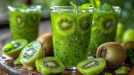   Kiwi juice with fruit on wooden tray on table