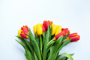 Bouquet of flowers. Yellow and red Tulips on white background. Beautiful flowers for valentines and wedding scene. Valentines and 8 March Mother Women's Day concept. 