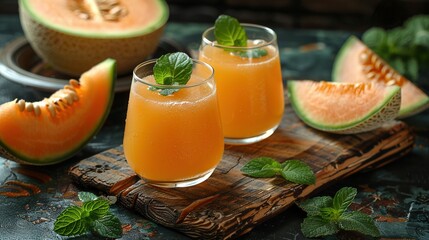   Watermelon juice and slices sit on cutting board