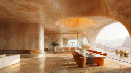 The photo shows a modern hotel lobby with a curved ceiling and large windows
