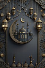 Traditional islamic culture symbols on background with text area and islamic lanterns against a crescent moon and mosque silhouette, perfect for ramadan, eid mubarak and eid al adha celebrations