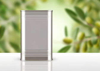Premium olive oil tin with fresh green olives.