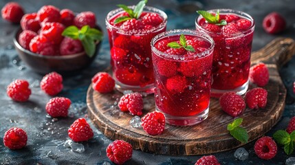   Three Raspberry Punch glasses on a cutting board with fresh raspberries and mint leaves nearby