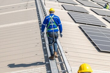 A group of construction workers wearing safety gear are walking on a metal catwalk that is attached...