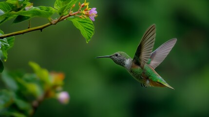 Naklejka premium A hummingbird flying through a lush green forest