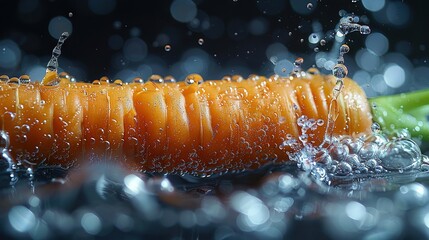   A close-up photo of a carrot on a table with water droplets splashing on it and a green leaf in the background
