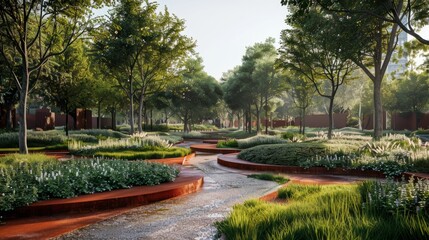 Obraz premium The photo shows a beautiful park with a winding path, lush trees, and colorful flowers.