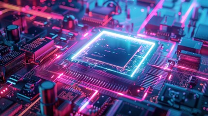 Fototapeta premium Big data analyzing and digital computing symbol hologram over working cpu in background. Futuristic 3d illustration AI generated