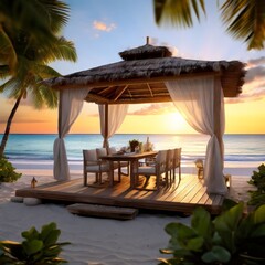 Obraz premium Beautiful tropical beach with umbrella and chair at sunset. AI generated 