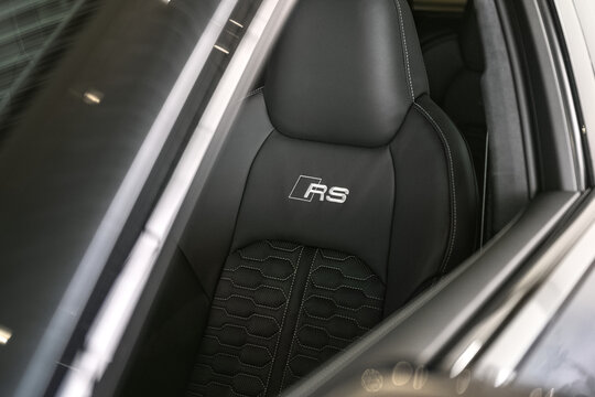 Brno, Czech Republic - March 21, 2024: Detail of driver's seat with RS logo of expensive luxury car Audi RS6