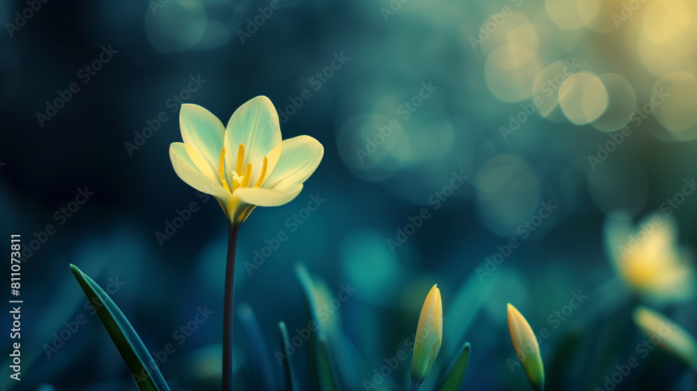 Poster luminous spring crocus. elegant yellow crocus blooms against a soft bokeh background, emphasizing th
