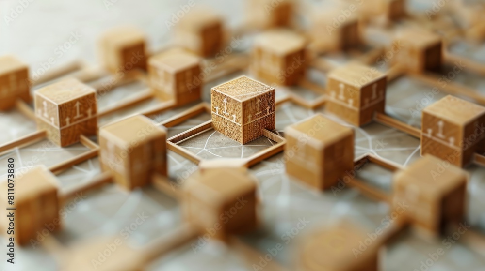 Poster cubes floating in a grid pattern with a glowing connection in the center.