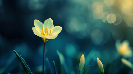 Luminous spring crocus. Elegant yellow crocus blooms against a soft bokeh background, emphasizing...