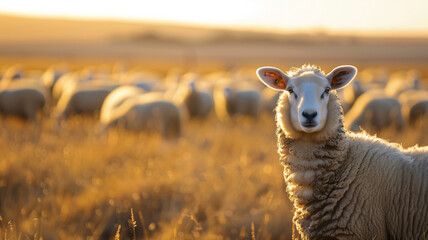 Obraz premium Sheep grazing at sunset. A single sheep looks directly at the camera against a background of numerous grazing sheep during a serene sunset.