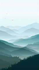 Minimalist vertical poster with mountain landscape in calming shades of blue and green. 