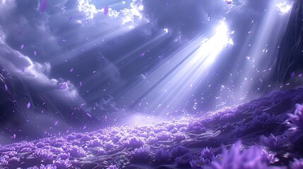   A painting portrays a field filled with vibrant purple blossoms, illuminated by golden beams from...