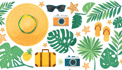 Collection Set of items for vacation or journey decorated by tropical leaves on digital art concept, Generative AI.