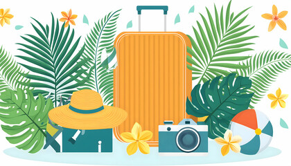 Obraz premium Collection Set of items for vacation or journey decorated by tropical leaves on digital art concept, Generative AI.