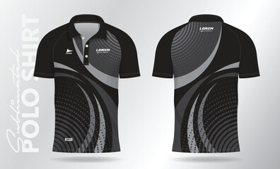black polo jersey shirt mockup template design for badminton, tennis, soccer, football or sport uniform in front view and back view.