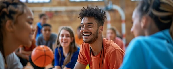 An LGBTQ sports coach training a diverse team in a gymnasium, focusing on team building and inclusive sportsmanship, using various sports equipment