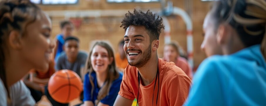 An LGBTQ sports coach training a diverse team in a gymnasium, focusing on team building and inclusive sportsmanship, using various sports equipment