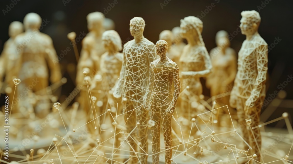 Poster 3d rendering of a group of people made of tiny glowing particles.