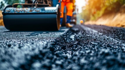 Supervising asphalt paving with road roller. road workers in reflective gear on construction site