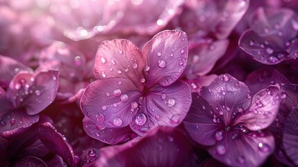   A close-up shot of numerous purple flowers with water droplets on their petals