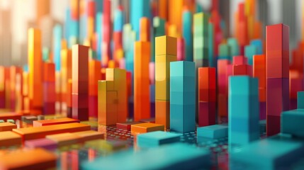 Colorful 3D rendering of a cityscape with skyscrapers.