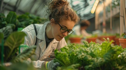 Obraz premium LGBTQ agricultural specialists in a greenhouse, researching plantbased solutions to food scarcity, surrounded by plants and sustainable farming technology