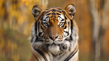 Portrait of a majestic tiger. Close-up portrait of a majestic tiger against an autumnal background, showcasing intense gaze and striking features. AI generative..