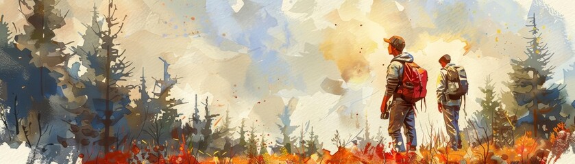 LGBTQ environmental scientists in the field, collecting samples and data from a forest area, using advanced gadgets and wearing field gear