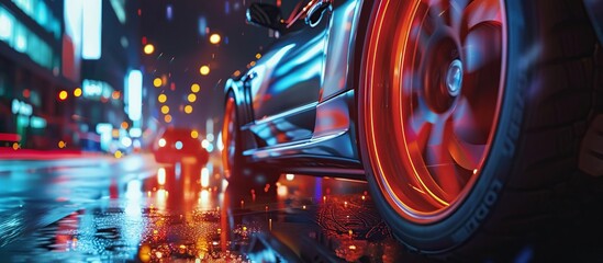 Close up view of sport car tires on road in city at night. Sport car driving down the highway.